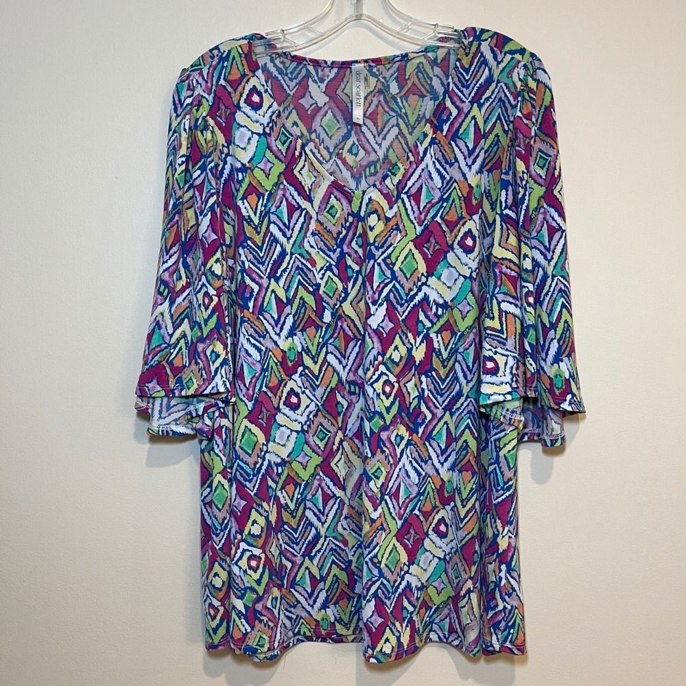 Dear Scarlett Top Shirt Blouse V Neck Batwing Bell Sleeve Multicolor XL